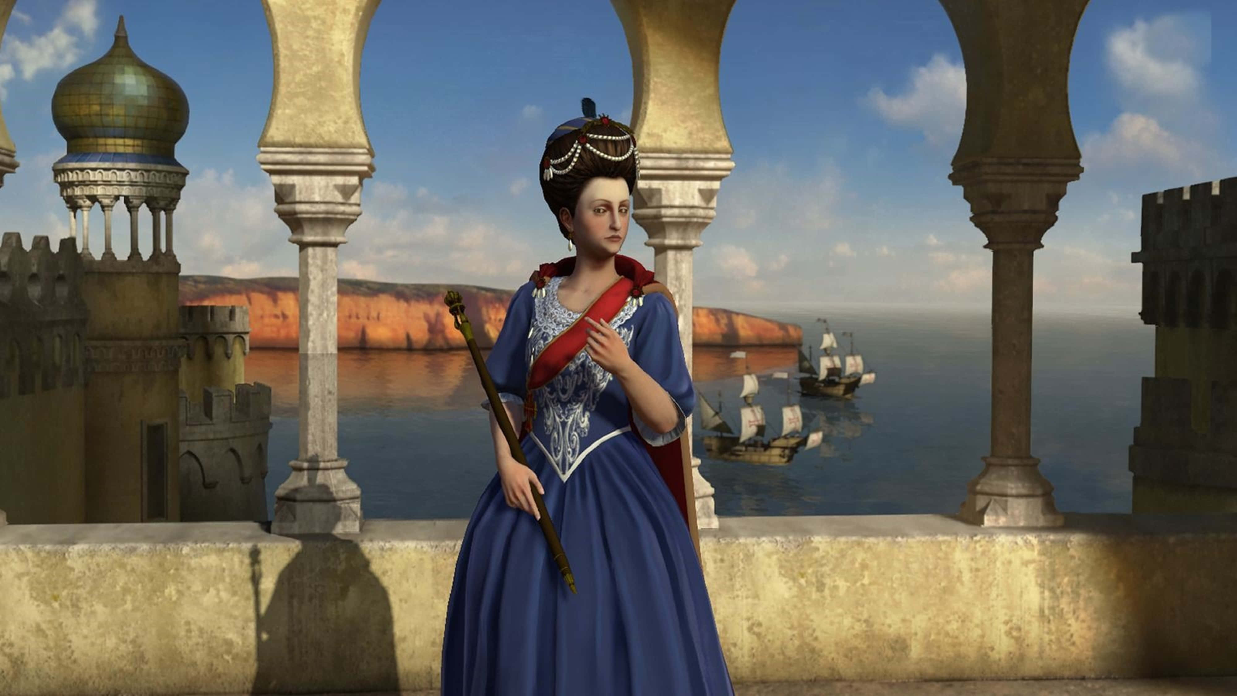 葡萄牙女王瑪麗亞一世 4K 文明5 背景 壁紙 — 一位身穿藍色和紅色服飾的貴族女性站在石頭陽台上，俯瞰著一個有帆船和遠處懸崖的港口，天空明亮。