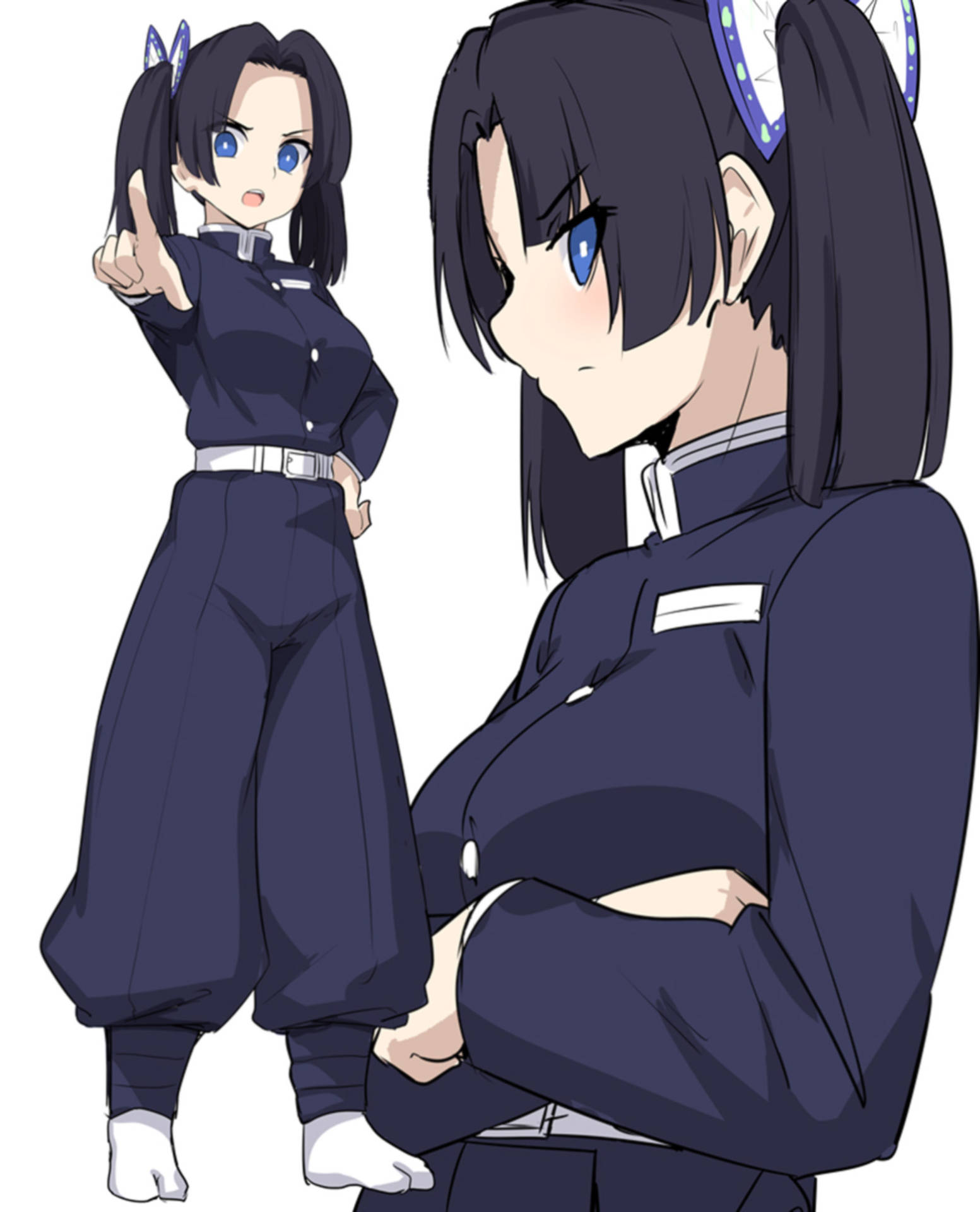 兩個穿著深藍色制服、戴著貓耳的動漫女孩，帶著自信的表情擺姿勢。