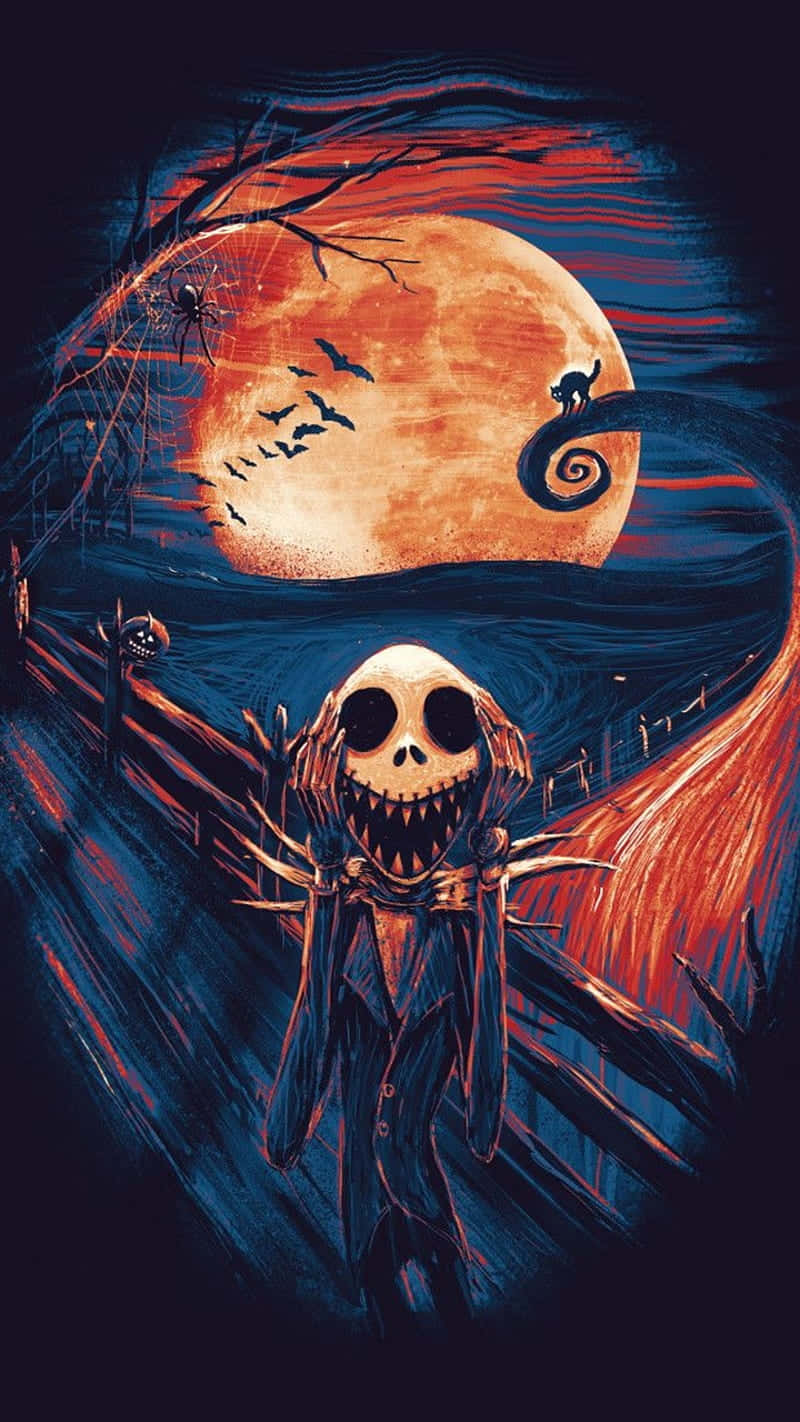 Jack Skellington 站在一個大橙色月亮前，蝙蝠和一隻貓在一個恐怖的萬聖節場景中。