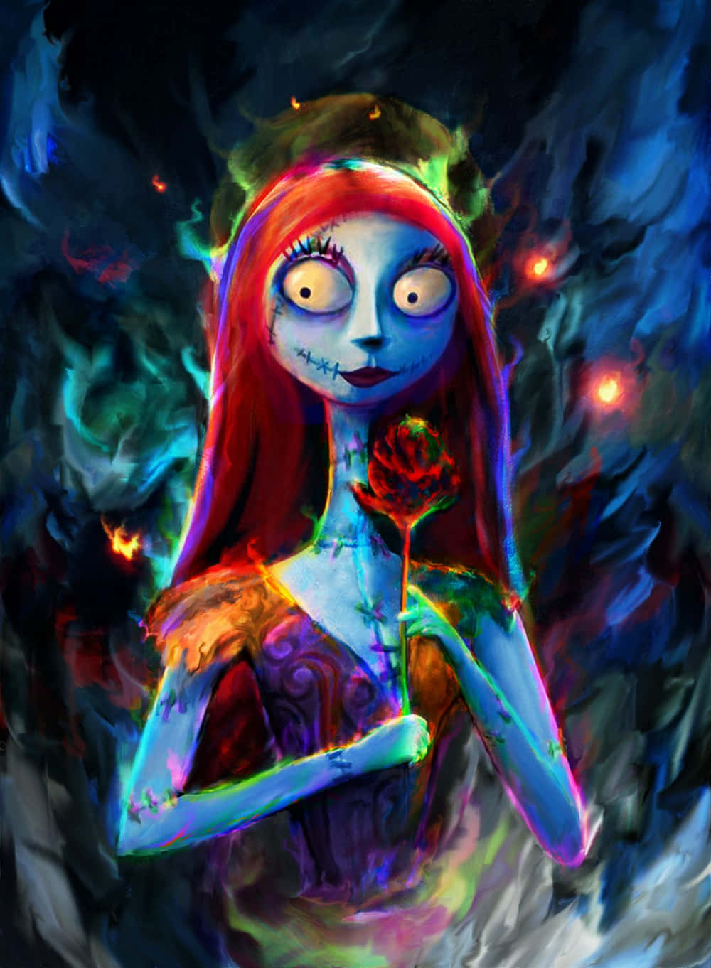 蒂姆·波頓《聖誕夜驚魂》中的布偶莎莉 壁紙 — 一個縫合臉的女孩，眼睛發光，手持一朵紅玫瑰，背景是旋轉的黑暗和霓虹燈光。