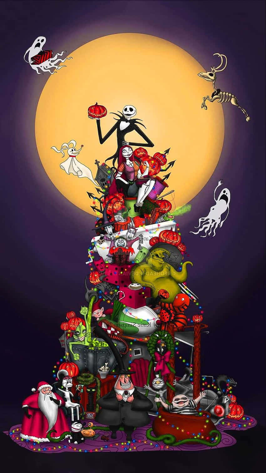 節日聖誕樹堆滿了《怪誕城之夜》角色，在發光的月亮下。