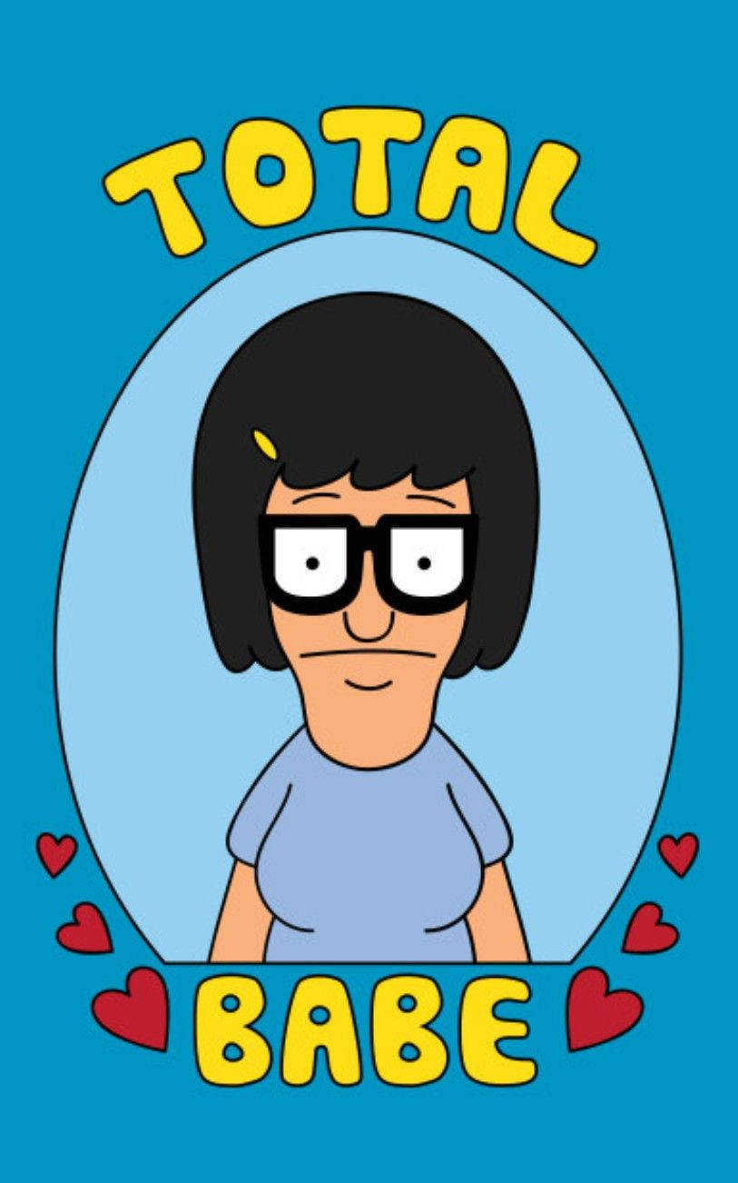 蒂娜·貝勒奇絕對美女 壁紙 — 卡通角色 Bob's Burgers 的 Louise，黑色波波頭和眼鏡，被心形和粗體黃色文字框住，背景為藍色。