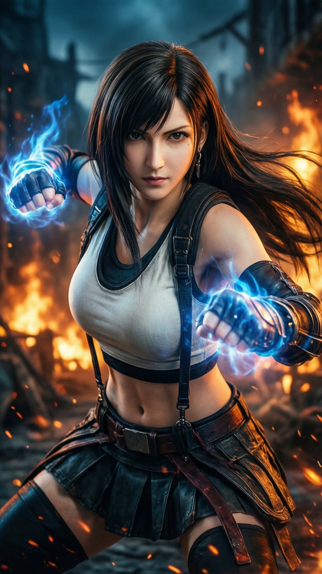 蒂法的熾熱雙拳 壁紙 — 一位兇猛的動漫女戰士在燃燒的廢墟城市中引導藍色能量。
