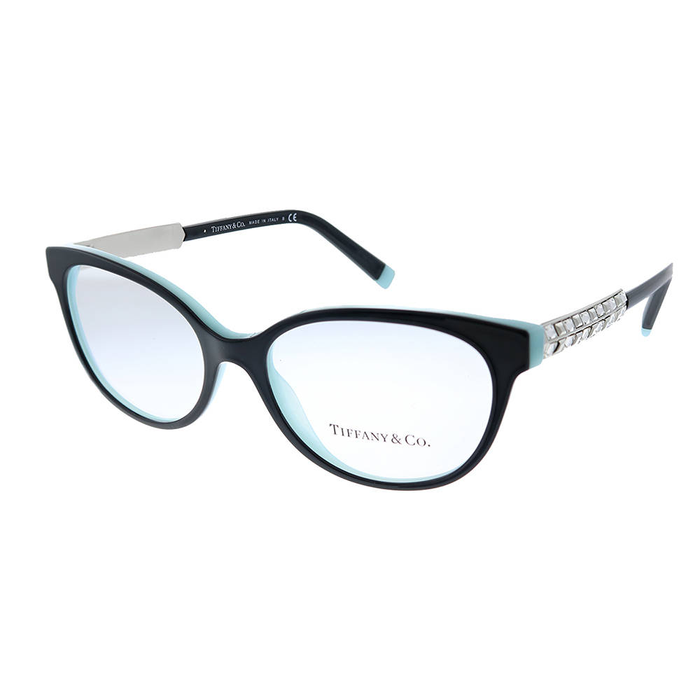 蒂芙尼 & Co. TF2203B 視力眼鏡 壁紙 — 優雅的Tiffany & Co.貓眼眼鏡，黑色鏡框，淺藍色點綴，水晶裝飾鏡腿，純白背景。