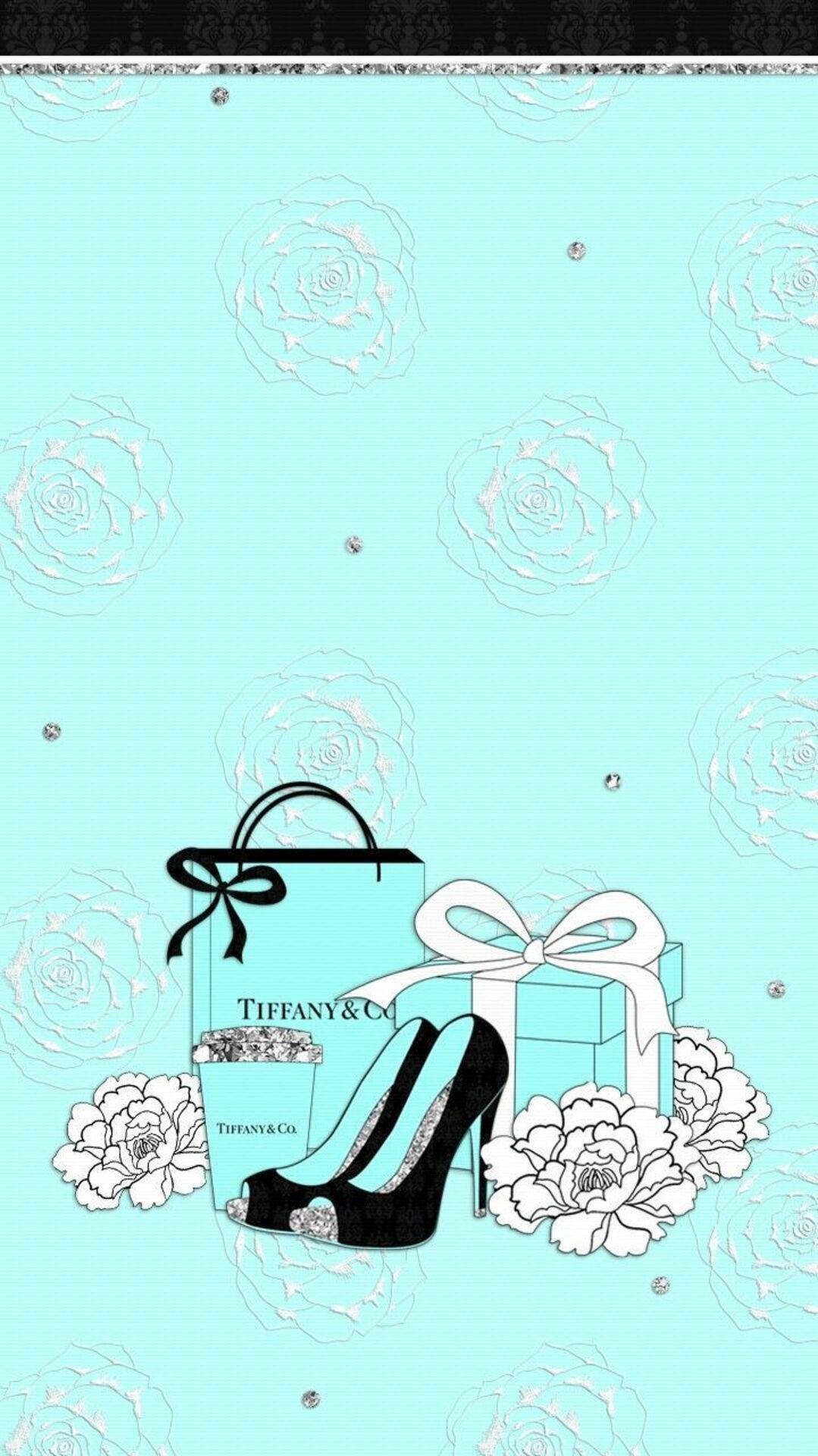 Tiffany 藍色壁紙，帶有玫瑰和奢華禮物和鞋子。