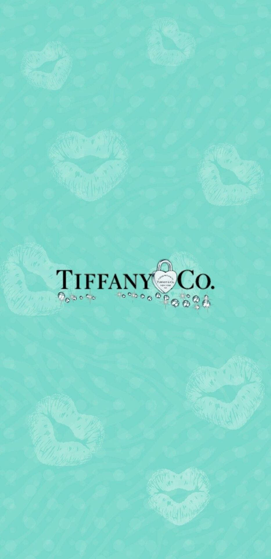 Tiffany Co 標誌被模糊的唇印環繞，位於青綠色背景上。