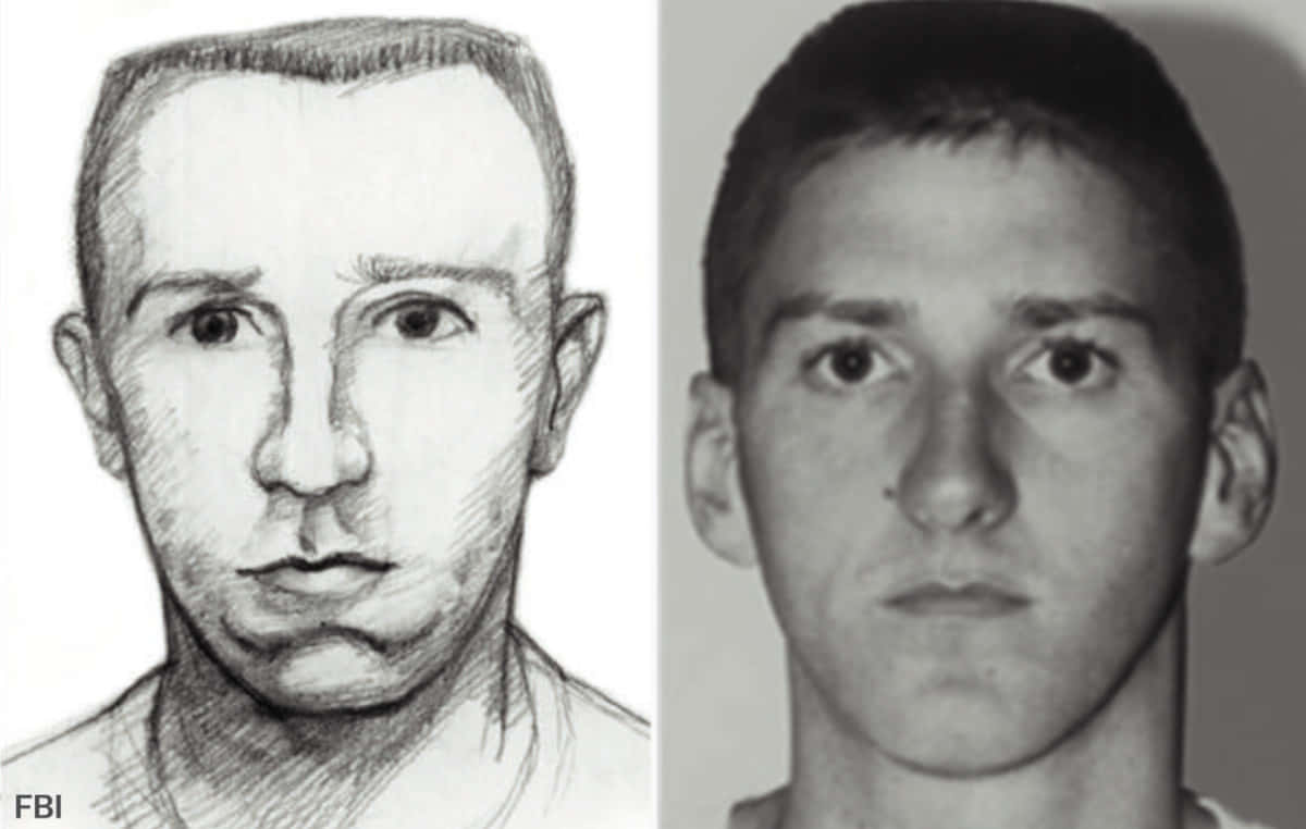 蒂莫西·麥維格警察素描圖 壁紙 — FBI 合成素描與一名男子的真實入案照並列，兩者均顯示一名短黑髮、表情中性的年輕男子。
