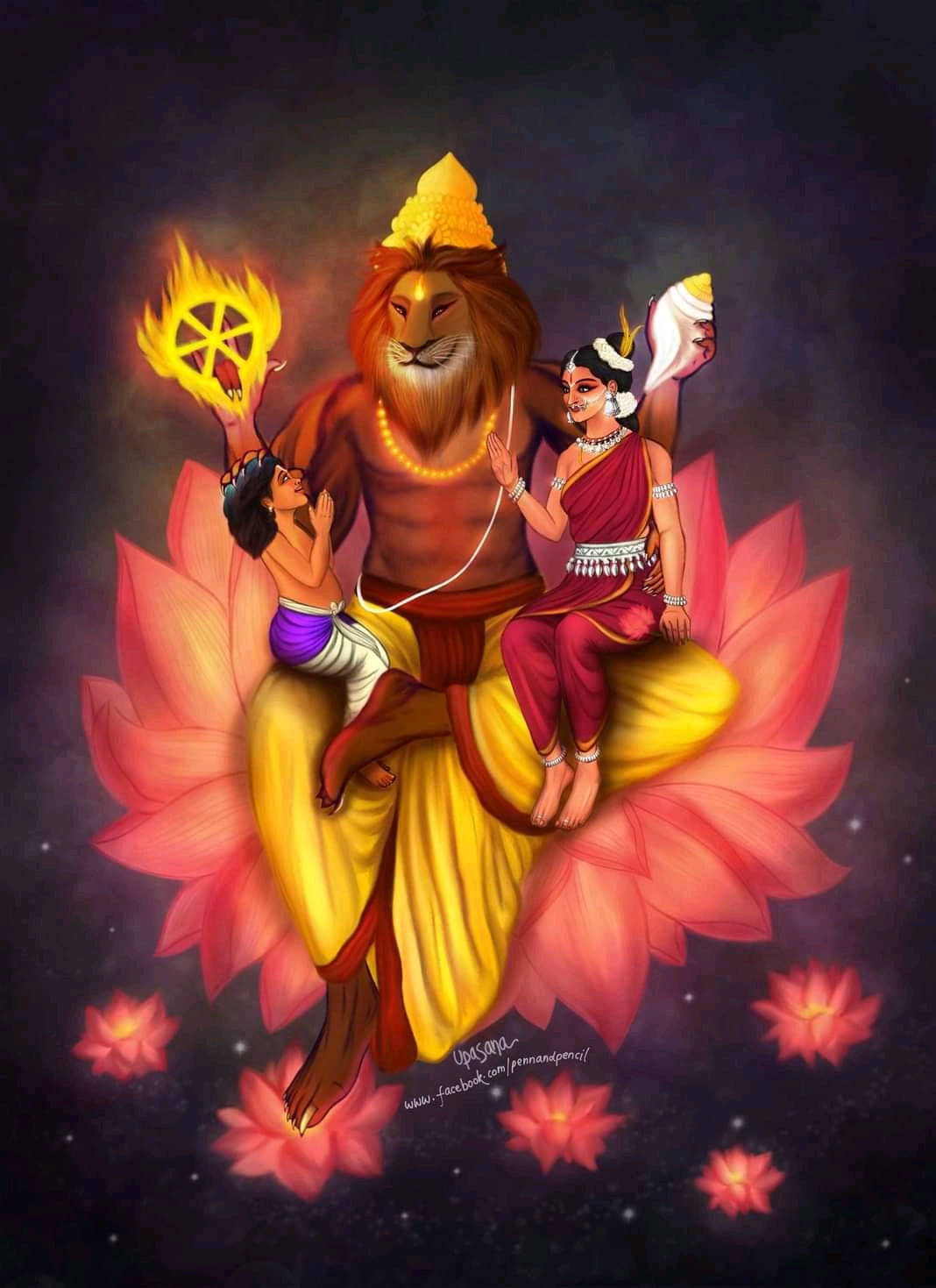 神聖的獅頭形象坐在蓮花上，侍者手持火焰和法螺。