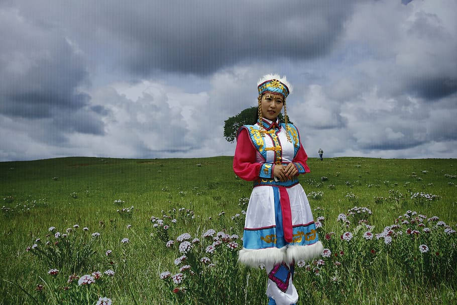 蒙古傳統服飾 壁紙 — 一位身穿鮮豔傳統服飾的女性，在戲劇性的多雲天空下，優雅地站在點綴著野花的茂密綠色草地上。