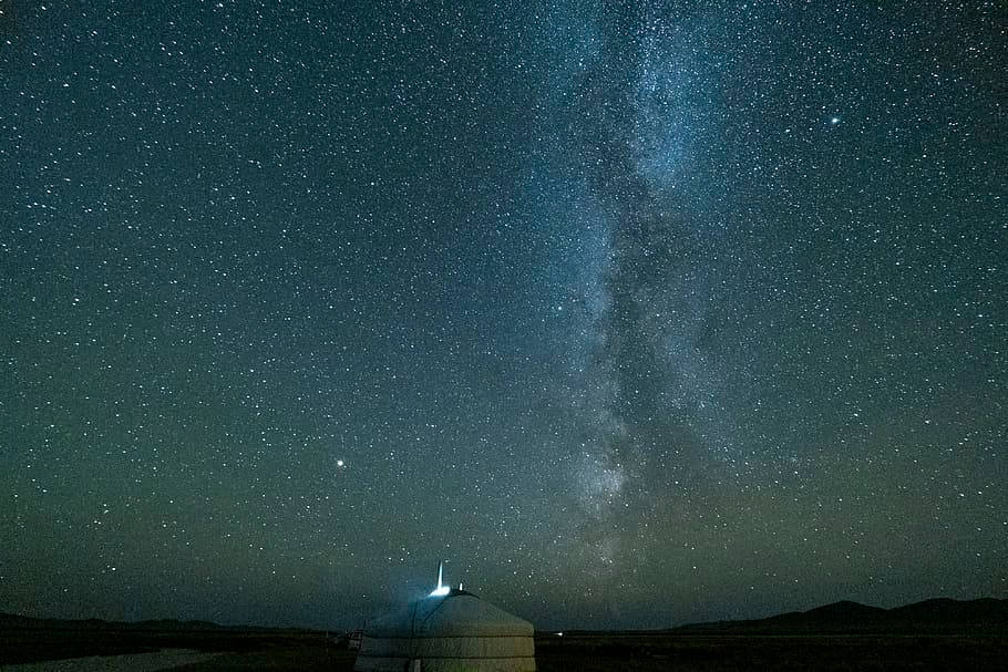 蒙古的銀河 壁紙 — 在廣闊的沙漠景觀中，蒙古包在星空下閃耀，銀河在頭頂拱起。
