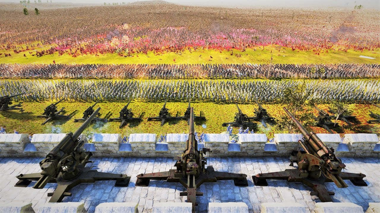 蒙古草原風景畫 壁紙 — 廣闊戰場的全景視圖，前景有炮兵陣線，遠方有色彩繽紛的軍隊交戰。