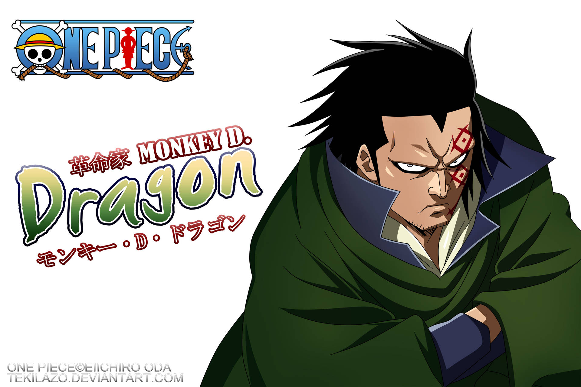 來自One Piece嘅動漫角色Monkey D. Dragon，有紅色標記同綠色斗篷。
