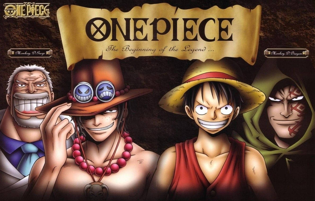 來自One Piece的四個動畫海盜在橫幅前猙獰地咧嘴笑。