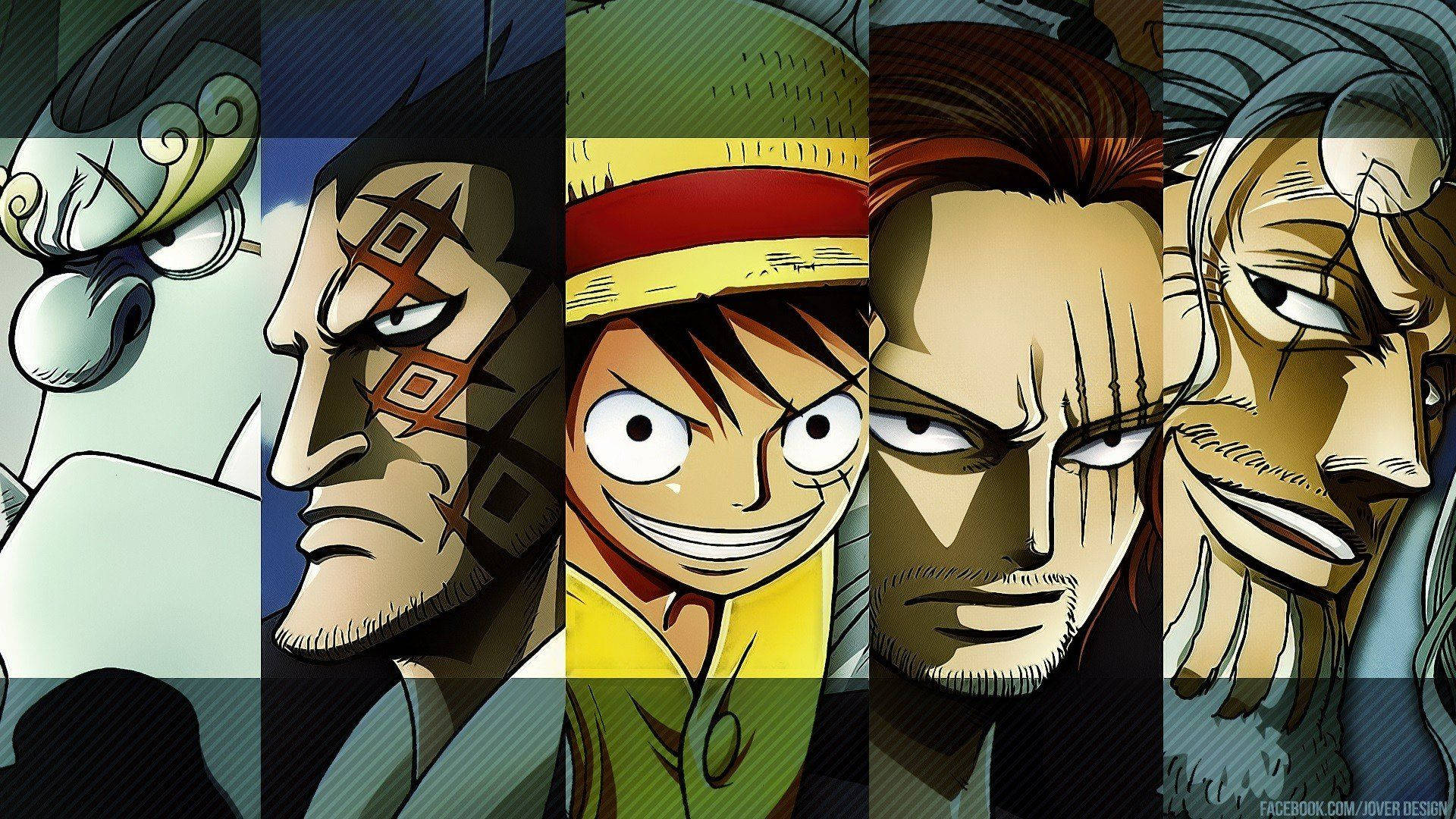 來自《One Piece》的五個動漫角色，表情強烈，陰影大膽。
