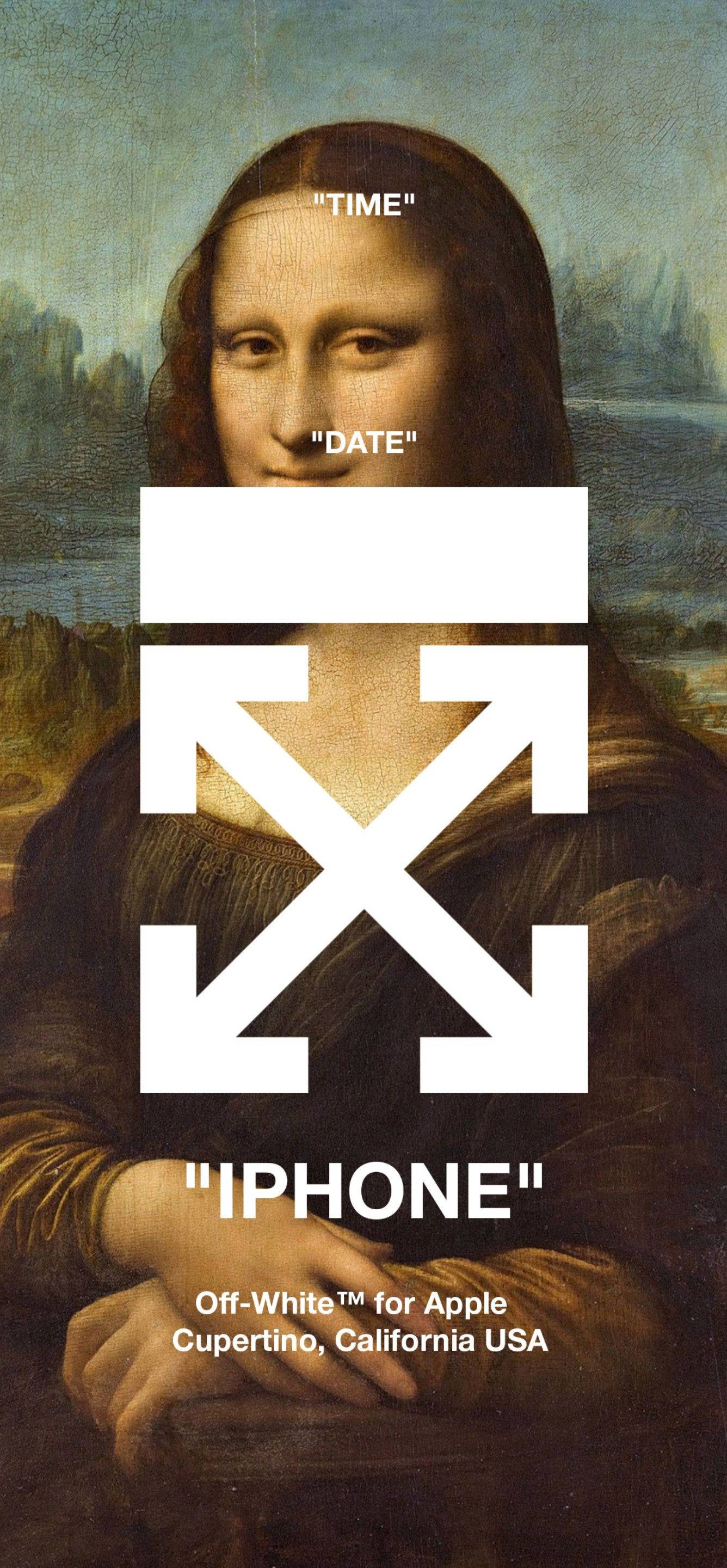 蒙娜麗莎 Off-White iPhone 壁紙 — 蒙娜麗莎疊加Off-White品牌標識及文字TIME DATE IPHONE，背景為柔和風景。