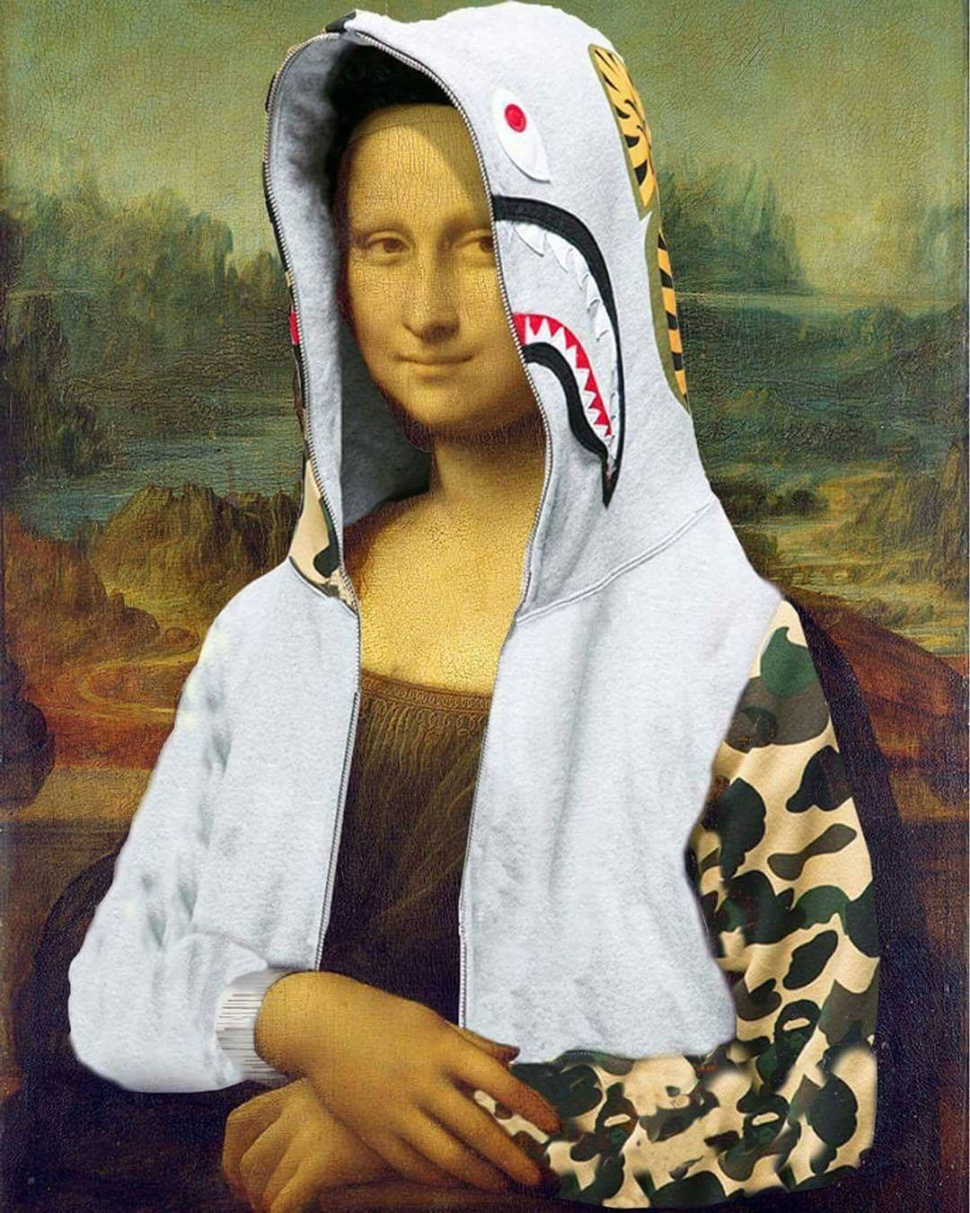 蒙娜麗莎 X Bape 藝術 壁紙 — 蒙娜麗莎穿著鯊魚嘴連帽衫，配迷彩袖，背景為原來的文藝復興背景。