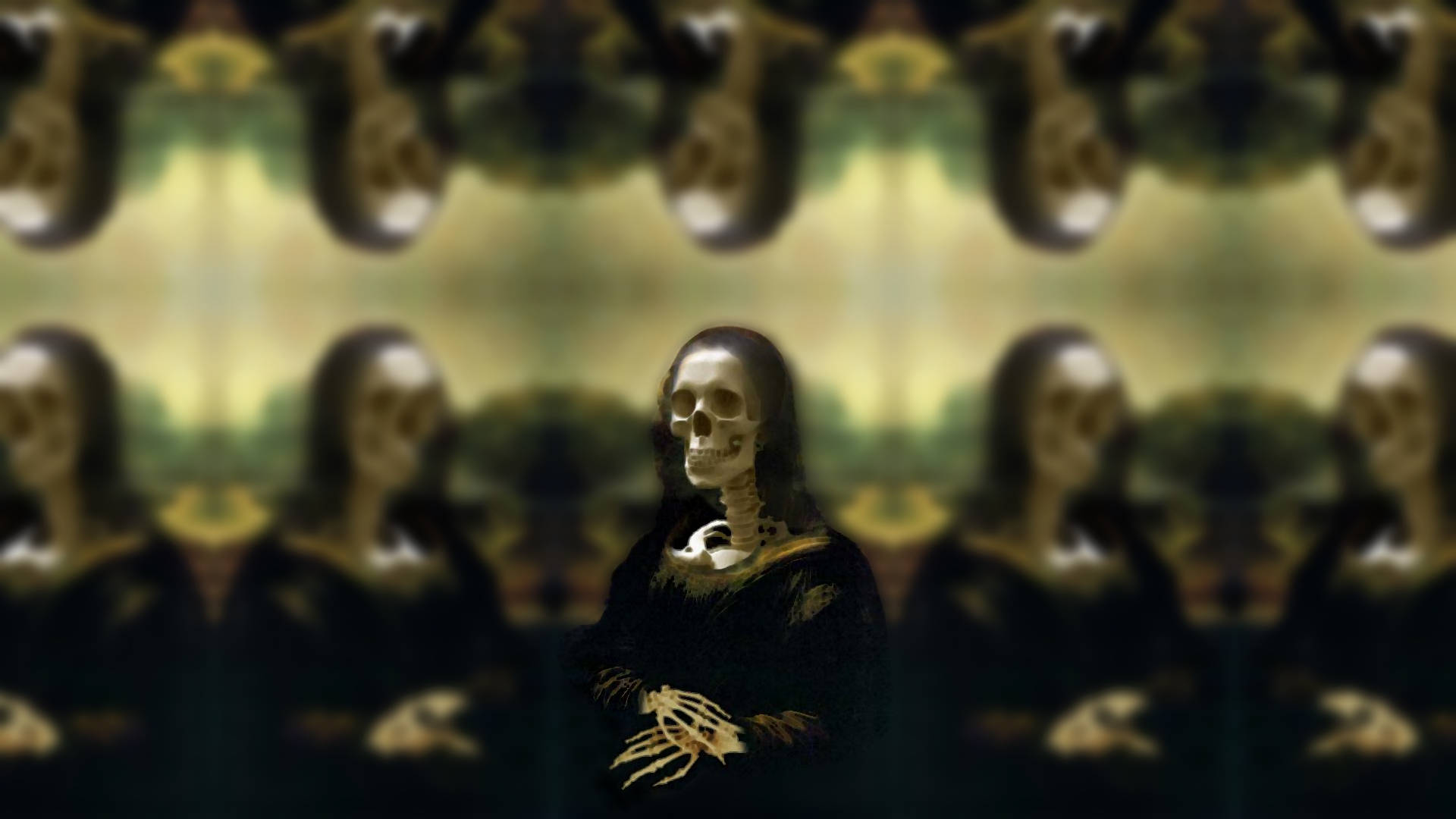蒙娜麗莎骷髏 壁紙 — 一幅令人難忘的數碼藝術肖像，描繪了一個骷髏狀的蒙娜麗莎，帶有鏡像複製品，逐漸消失在模糊的綠黃色背景中。