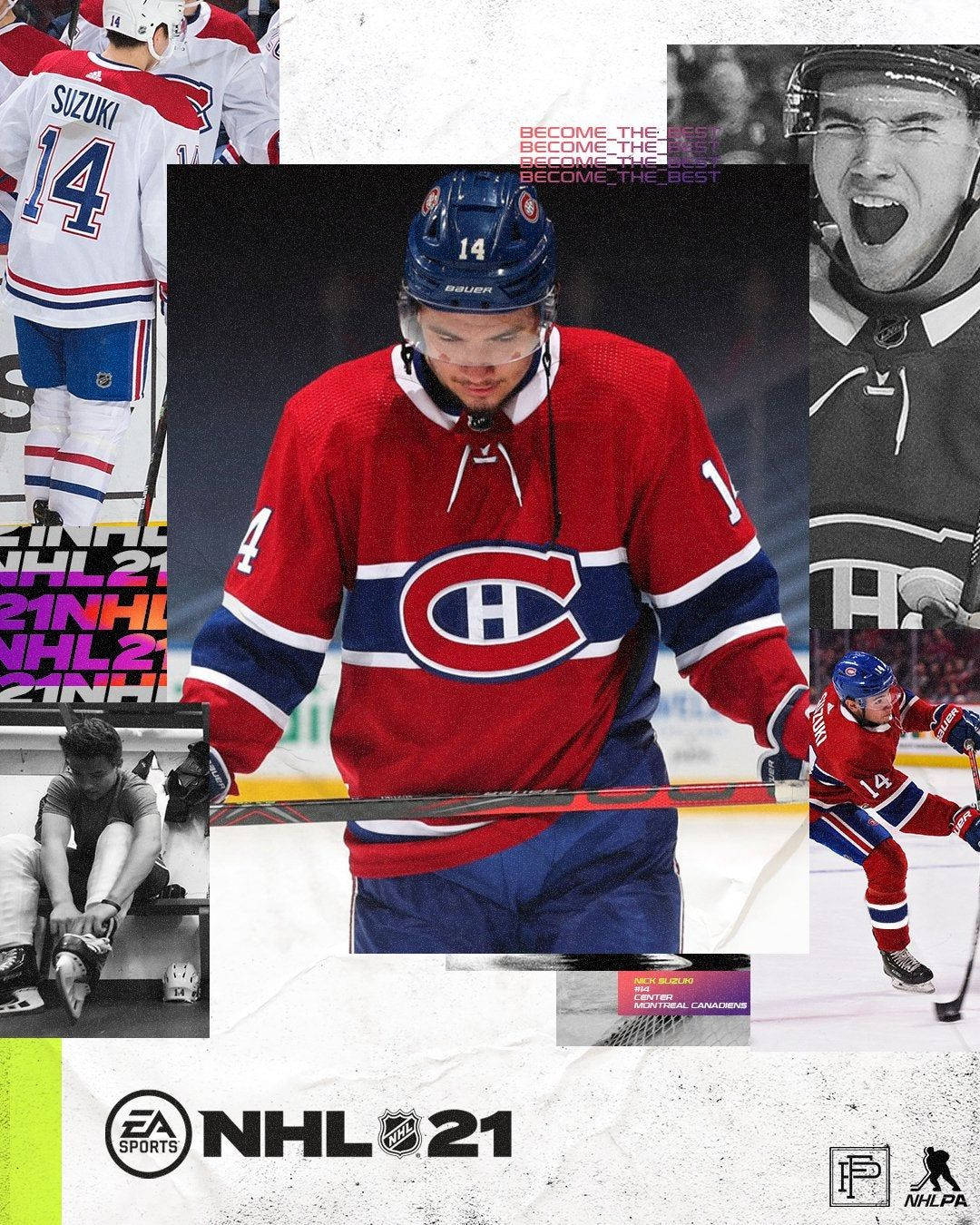 蒙特利爾加拿大人隊 尼克·蘇茲 粉絲藝術拼貼 壁紙 — NHL 21 冰球運動員鈴木身穿紅色蒙特利爾加拿大人隊球衣的動態拼貼畫，包含動作鏡頭和勵志文字。