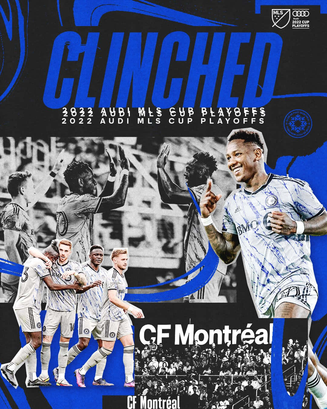 蒙特利爾隊奪得2022年MLS杯 Playoff資格 壁紙 — CF蒙特利爾足球運動員以動態的黑藍色圖形設計慶祝鎖定2022年Audi MLS盃季後賽資格。