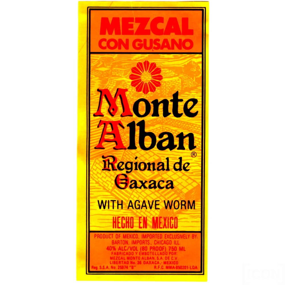 帶有龍舌蘭蟲和墨西哥文字的 Monte Alban mezcal 標籤。