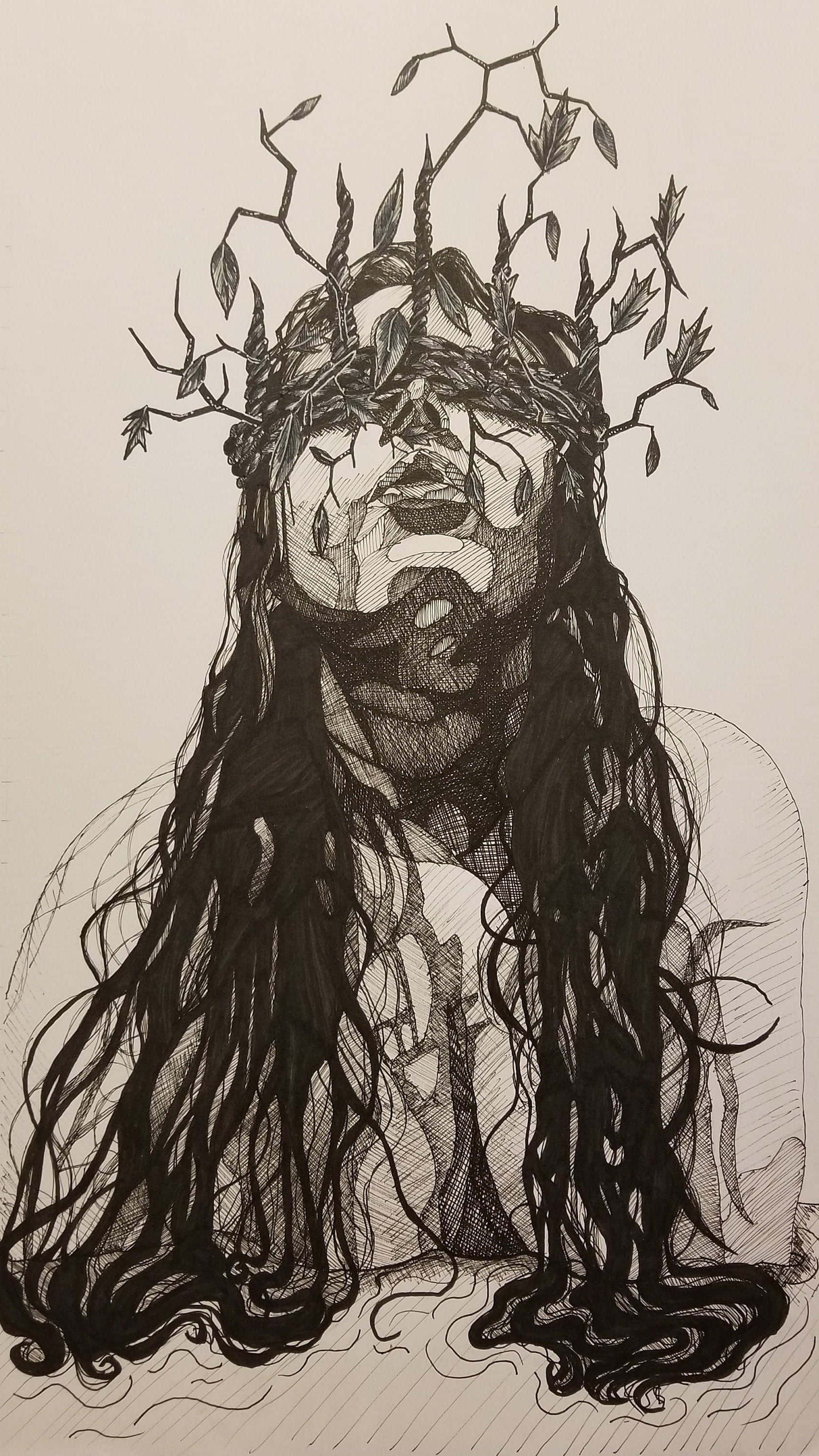 蒙眼女子與眼際枝條素描 壁紙 — 一個令人難忘的黑白插圖，描繪一個長髮且頭部和臉上長出藤蔓的人物。