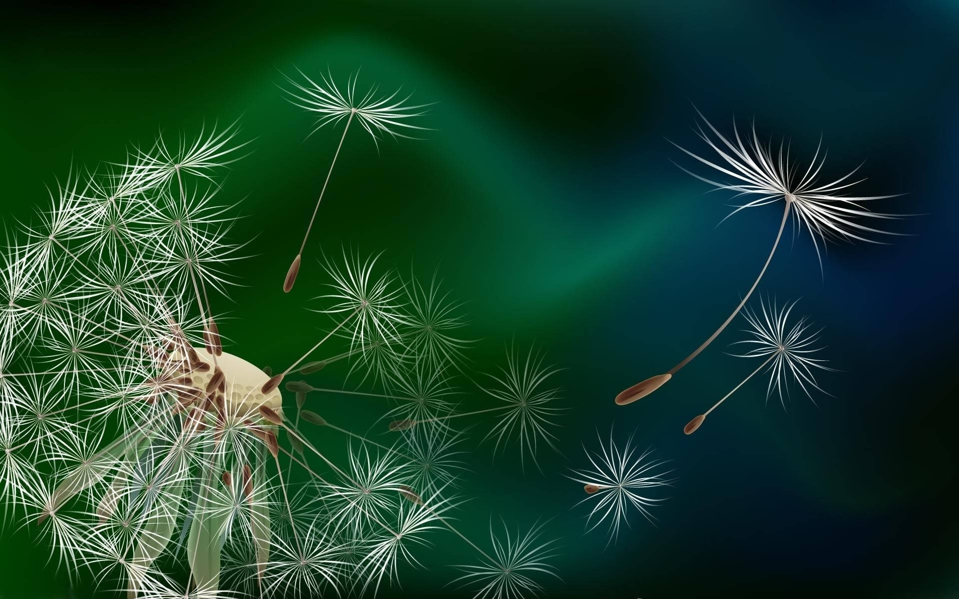 蒲公英種子在發光的綠色和藍色漸變天空中漂浮。