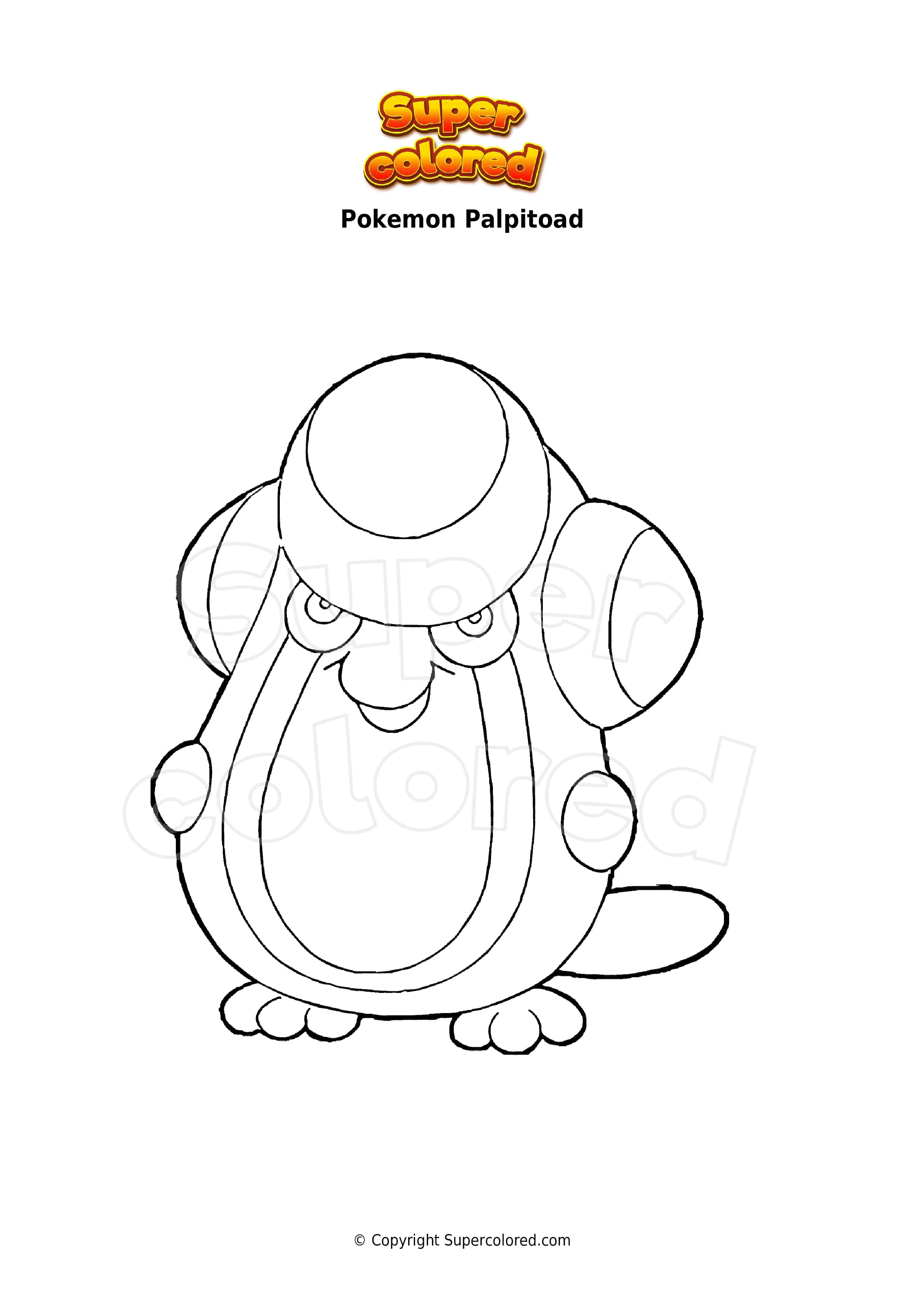 蒲公英著色頁 壁紙 — 寶可夢 Palpitoad 的黑白線條畫，帶有粗線條輪廓和微笑的臉。