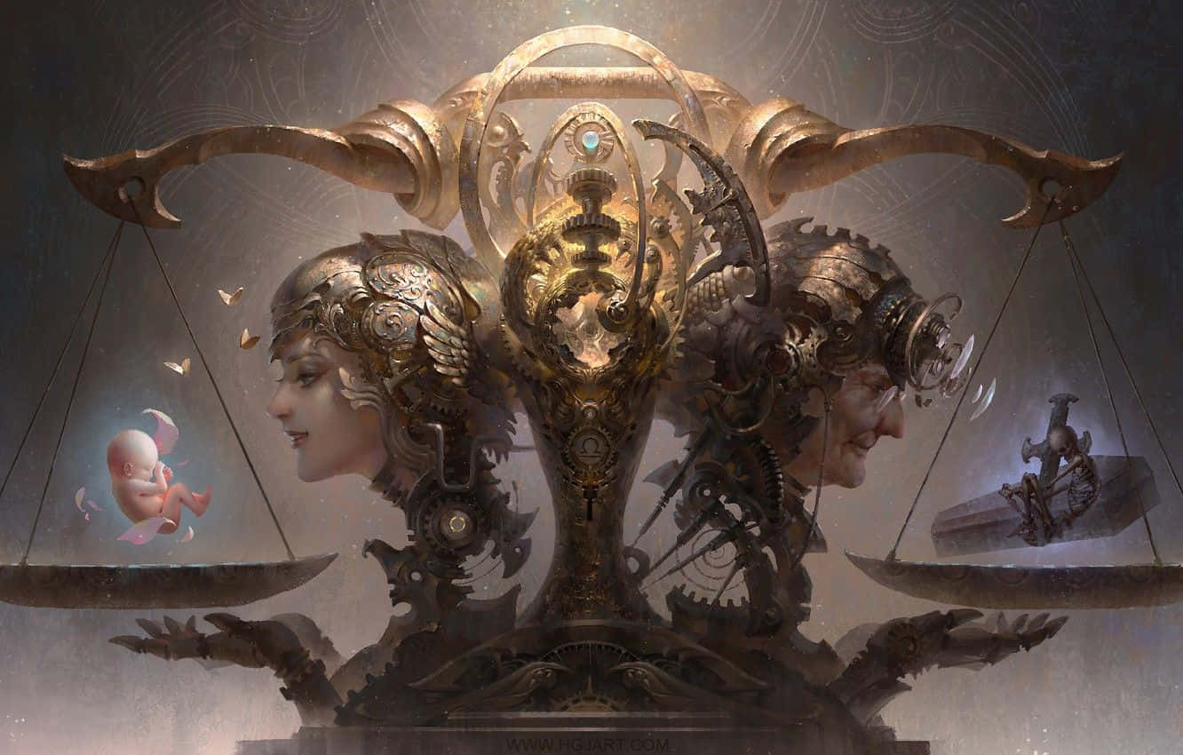 libra 桌布 壁紙 — 蒸氣龐克天秤在黑暗的氛圍場景中，平衡一個發光的胎兒和一個機械人物。