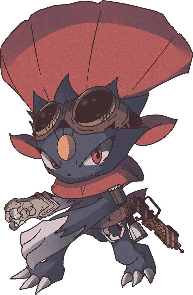 蒸汽朋克風-weavile- 壁紙 — 一個Q版藍色貓科生物，戴著紅色護目鏡和紅色披風，手持武器準備就緒。