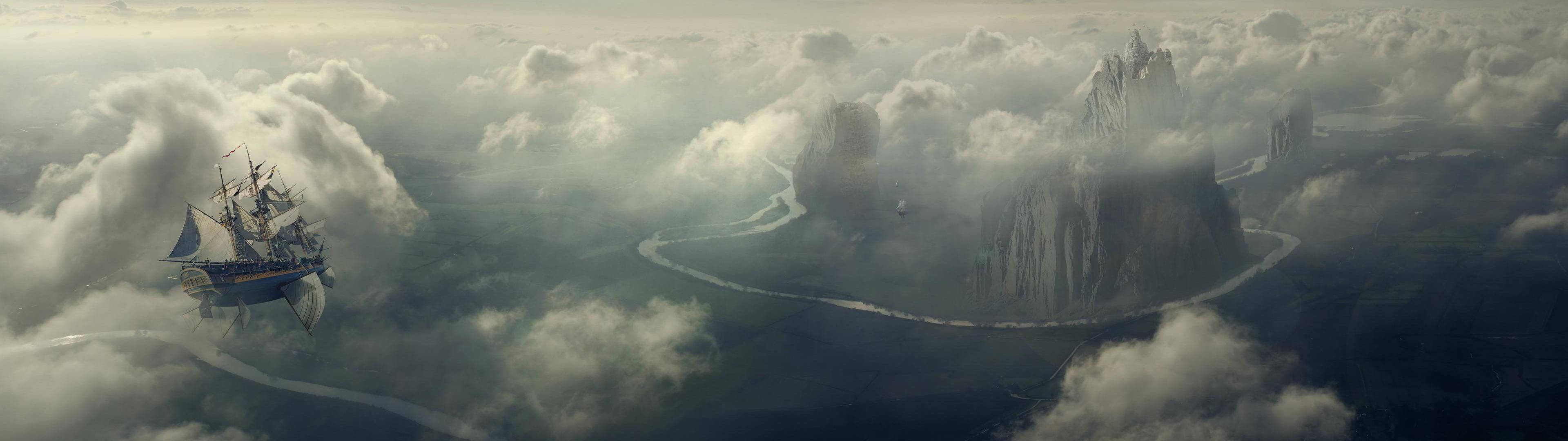 一艘帆船在雲層中航行，飄浮在一個擁有懸崖和河流的浮島上方。
