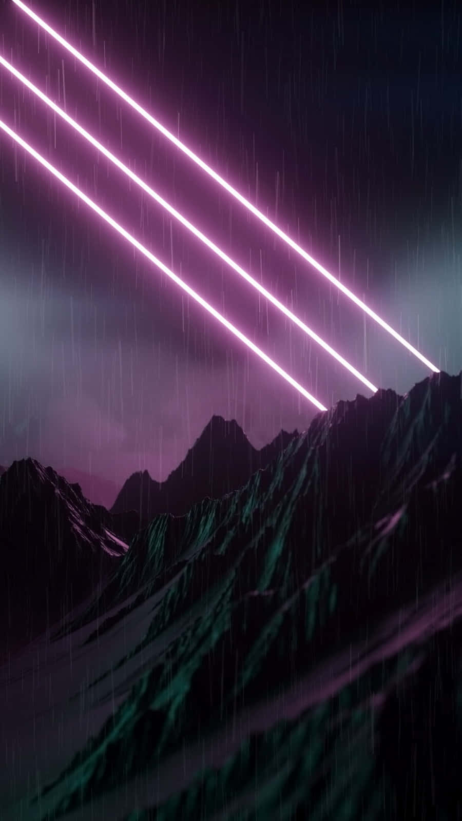 霓虹光束劃過雨幕，籠罩在紫色天空下的黑暗山脈之上。