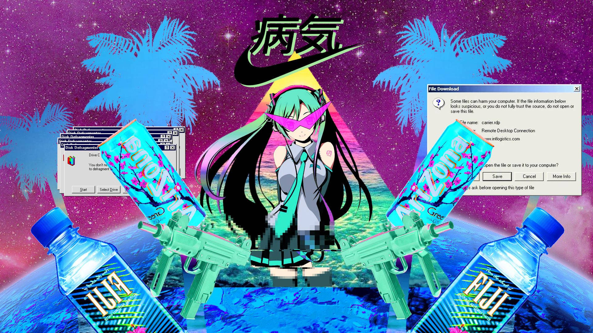 擁有青綠色頭髮的動漫女孩站在一個星球上，周圍有故障的棕櫚樹和汽水瓶，背景是繁星點點的天空。