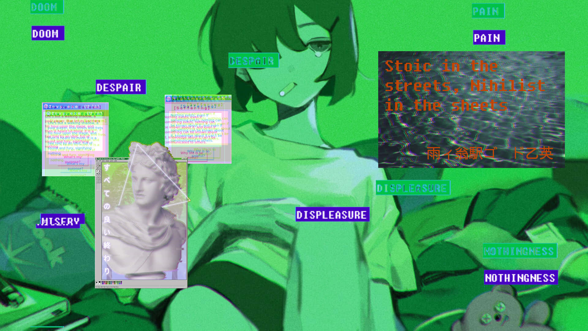 動漫女孩與漂浮的文字框，在綠色數位藝術中展示絕望和虛無主義。