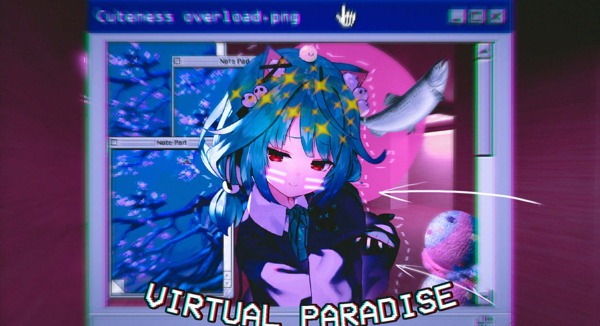 藍色頭髮和星星的動漫女孩在一個標有 'VIRTUAL PARADISE' 的發光電腦屏幕上。