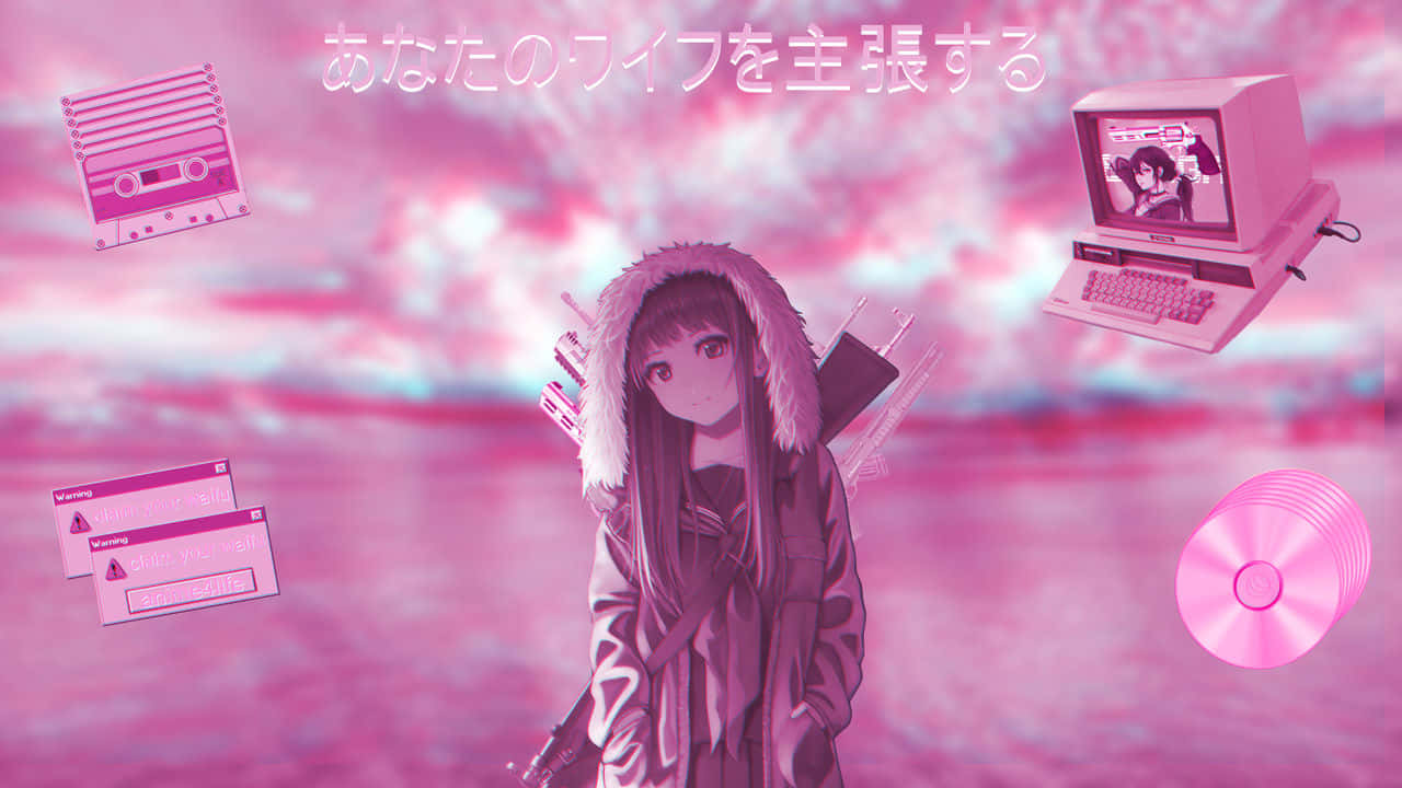 動漫女孩穿著連帽衫，被粉紅色數位天空中的復古科技包圍。