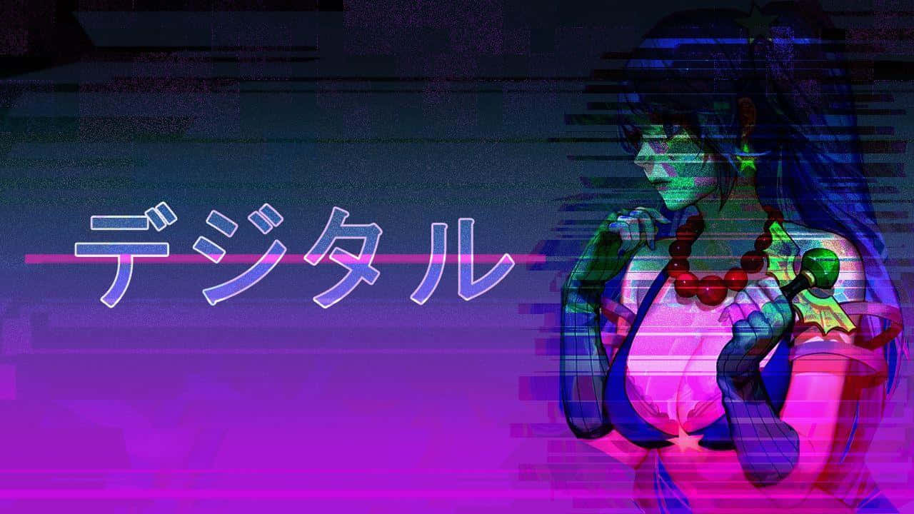 發光皮膚和紅色珠子的動漫女孩，在帶有日文字樣的故障數碼場景中。