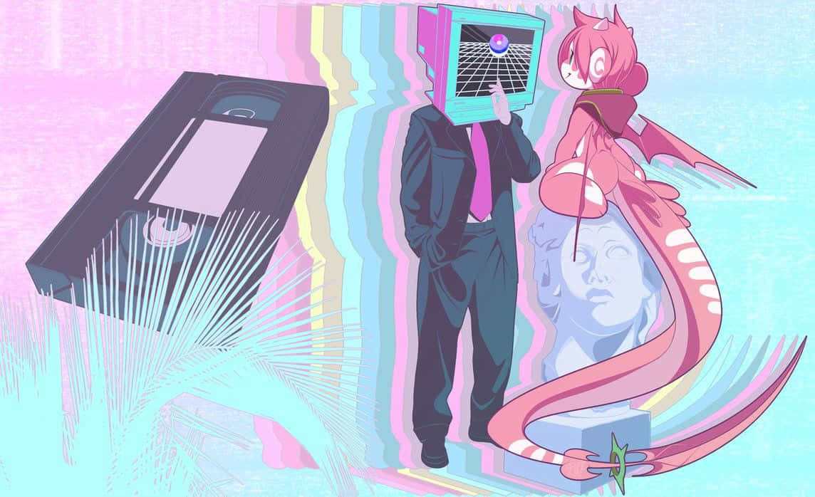 蒸汽波動漫電視頭角色 壁紙 — 一個超現實的數碼藝術場景，有一個穿西裝的男人拿著VHS錄影帶，一個粉紅色頭髮的動漫女孩，和一個故障的電視頭，背景是粉彩彩虹。