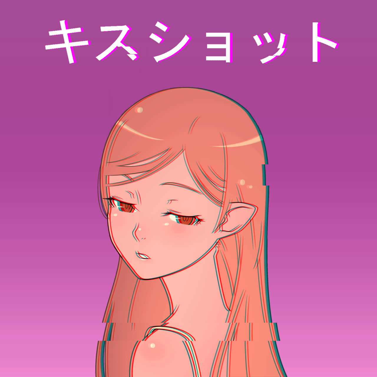 動漫女孩，桃色頭髮，紅色眼睛，低頭臉紅。