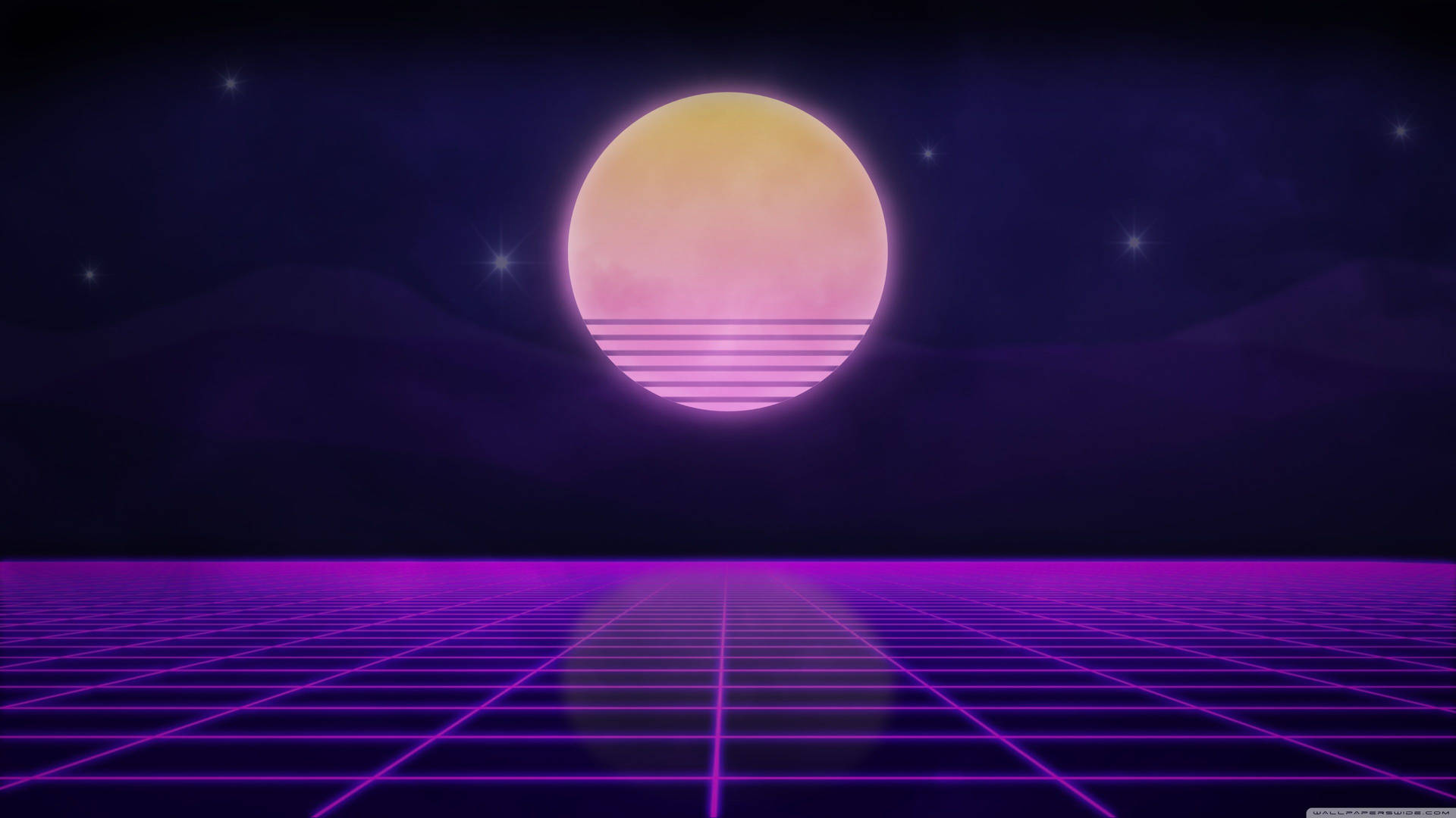 星空夜空下，發光的粉紅色太陽下的紫色網格地板。