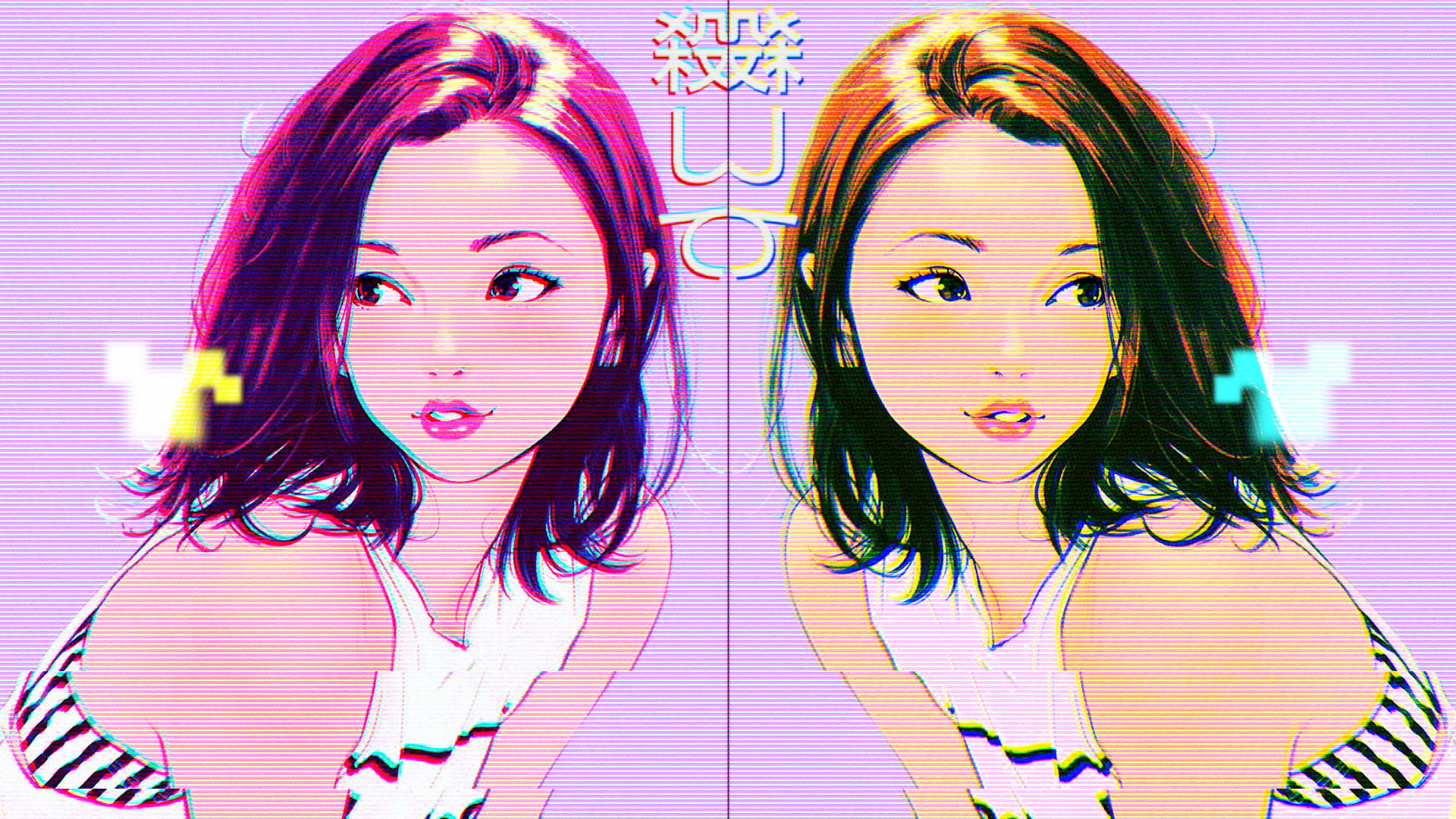 兩個動漫女孩，帶有故障效果和霓虹髮絲，以數碼藝術風格呈現。