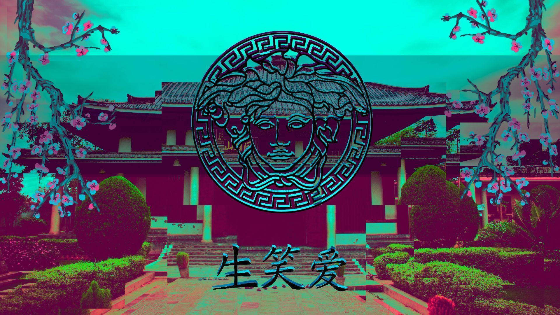 一個超現實的花園，有美杜莎標誌和櫻花，在青色天空下。