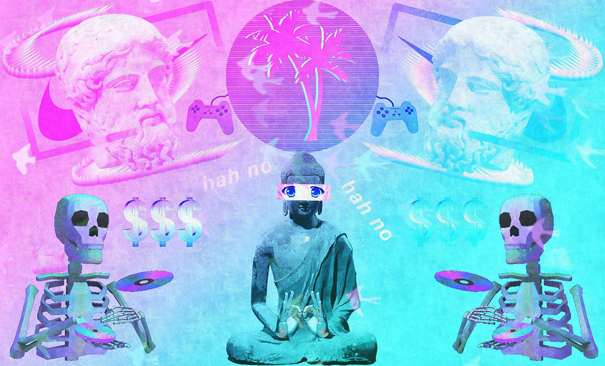 蒸汽波桌面佛像與骷髏 壁紙 — 一幅超現實的數碼拼貼畫，描繪一位正在冥想的佛陀，兩旁有骷髏手持黑膠唱片、古代雕像和遊戲控制器，背景是充滿活力的粉紅和青色漸變。