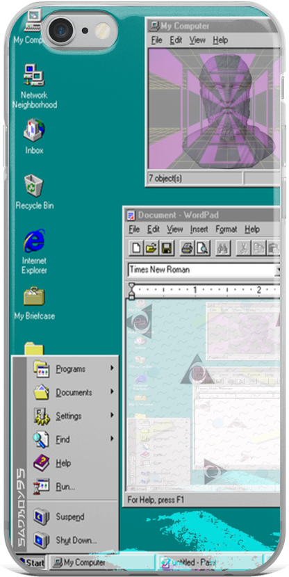 蒸汽波美學手機殼 壁紙 — 一張復古 Windows 95 桌面背景，在青綠色背景上顯示經典圖標和打開的程式，如 WordPad 和我的電腦。