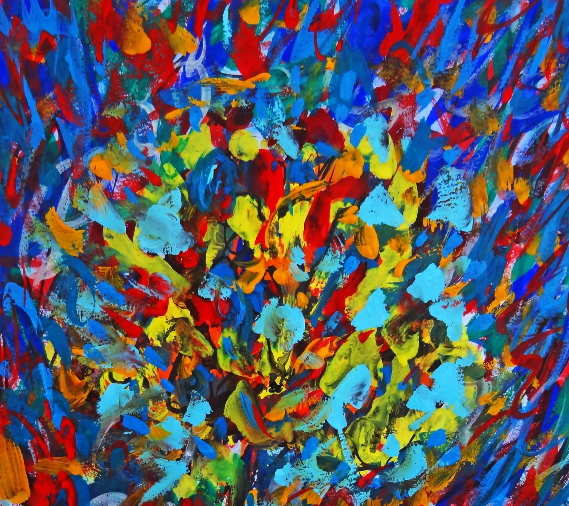 抽象藝術作品，帶有藍色、紅色、黃色和綠色的旋轉彩色筆觸。