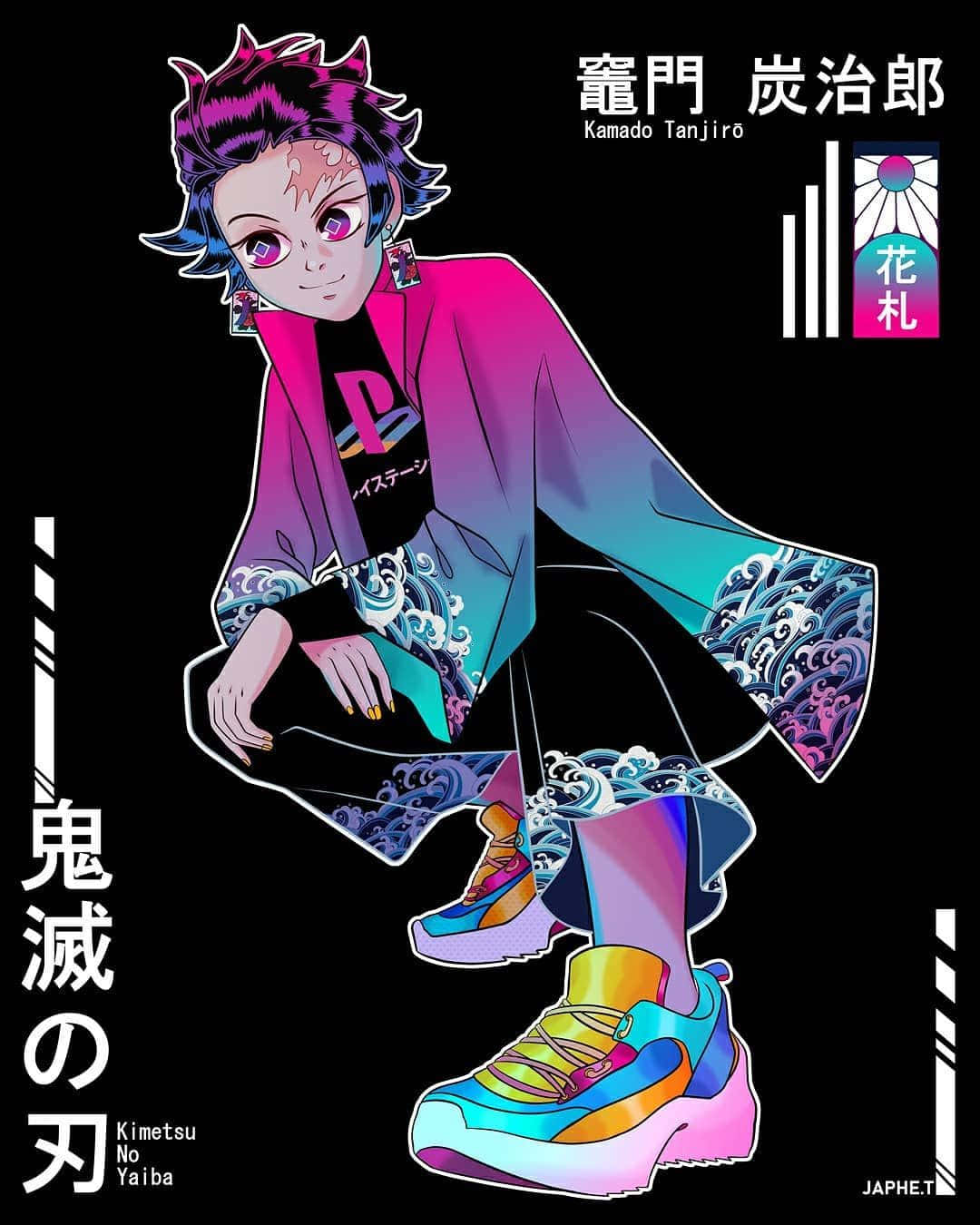 動漫角色竈門炭治郎穿著彩色漸層服裝和運動鞋。