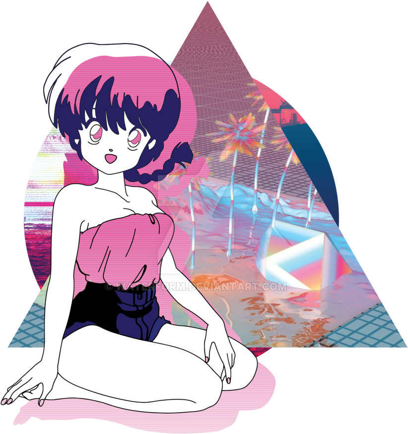 蒸汽波風格動漫美學圖像 壁紙 — 一個粉紅色頭髮的動漫女孩坐在一個超現實、帶有故障效果的熱帶場景中，有棕櫚樹和幾何形狀。