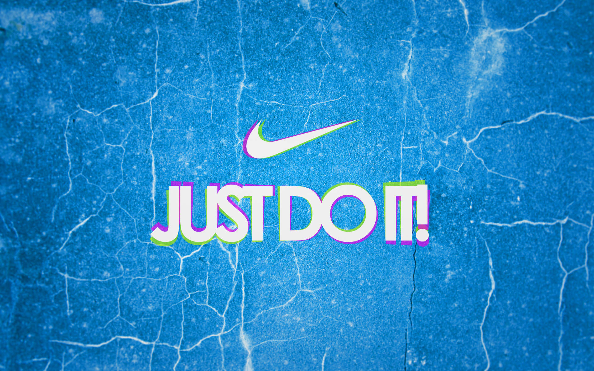 蒸汽波風格的「Just Do It」與Nike標誌 壁紙 — 充滿活力的Nike口號JUST DO IT！以粗體彩色字母呈現，背景為裂紋藍色紋理。