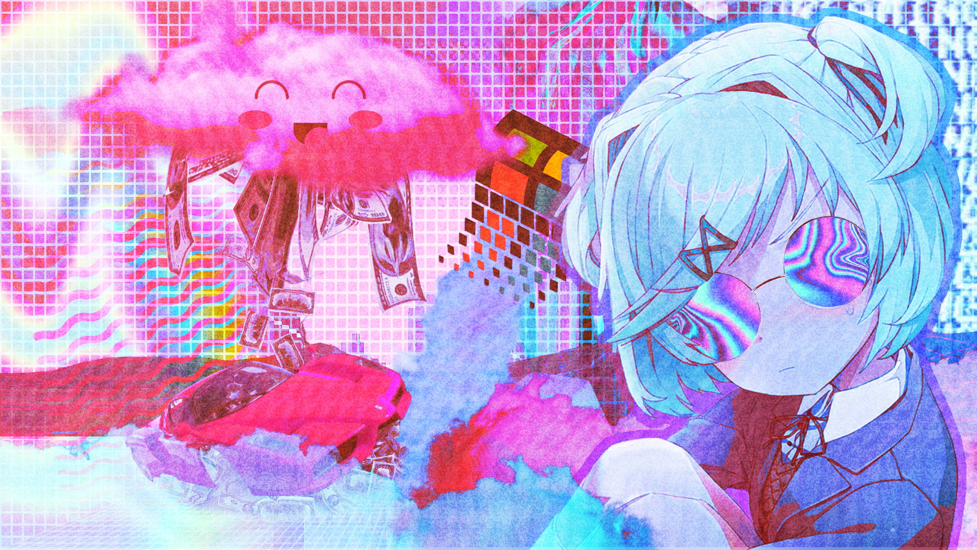 藍髮動漫女孩戴著故障太陽眼鏡，旁邊有一個粉紅色雲朵機械人，在一個像素化賽博朋克場景中。 — 俱樂部 壁紙