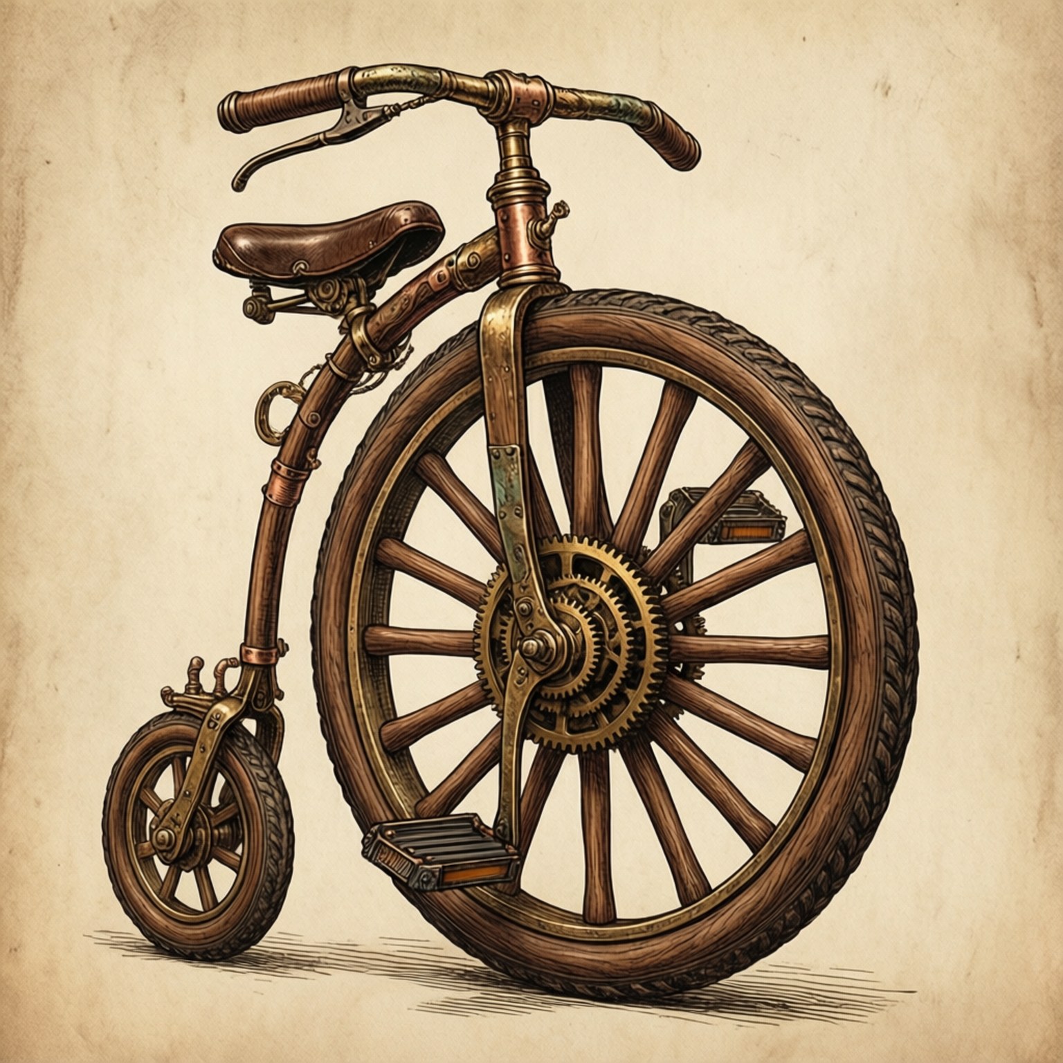 蒸氣龐克風格的 penny-farthing 自行車，帶有黃銅齒輪和木輪，置於羊皮紙上。