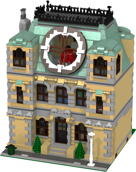 蒸汽龐克風格樂高建築 壁紙 — 一個詳細的LEGO模型，展示了一座宏偉的黃色和灰色鐘樓建築，帶有拱形窗戶和紅色鐘面。